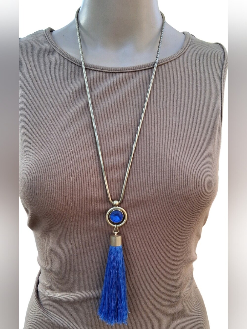 Loren Hope Gold Tone Cobalt Blue Tassel Pendant Necklace Long Snake Chain